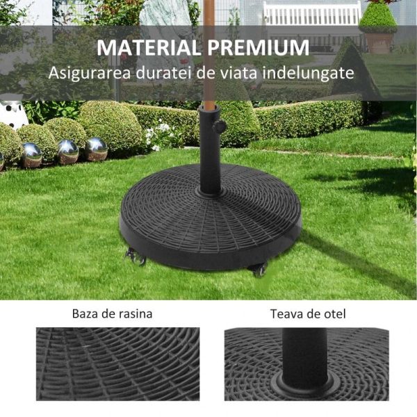Suport pentru umbrela 38-48 mm, cu roti, rotund, HDPE, imitatie ratan, negru, 52×41 cm