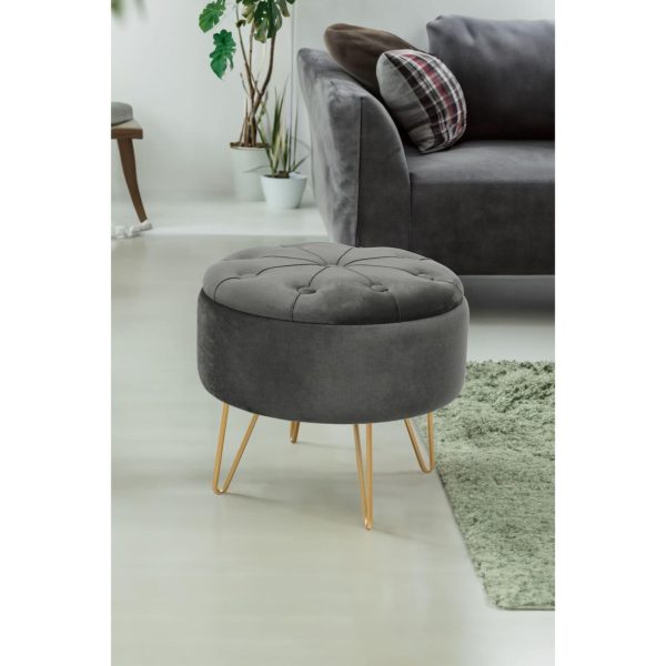 Taburet, rotund, cu spatiu depozitare, catifea, gri grafit, max 80 kg, 38×33 cm, Caro, Akord