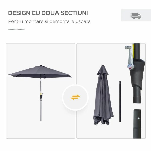 Umbrela gradina/terasa, stalp aluminiu, cu inclinatie, manivela, gri inchis, 270 cm