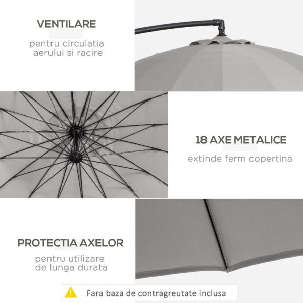 Umbrela gradina/terasa, articulatie tip banana, cu manivela, gri, 296 cm