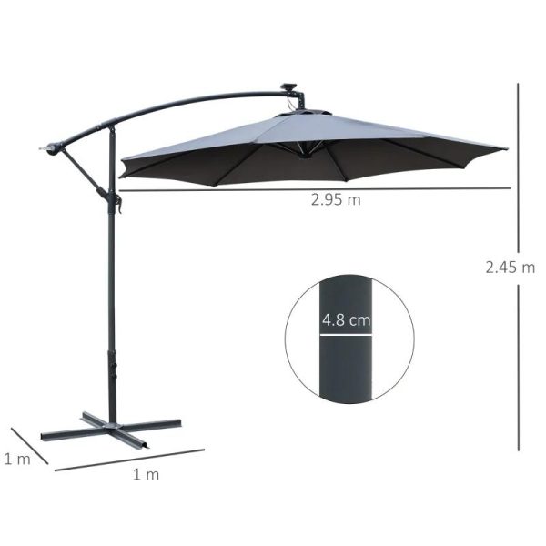 Umbrela gradina/terasa cu panou solar, iluminare LED, articulatie tip banana, manivela, gri, 295 cm