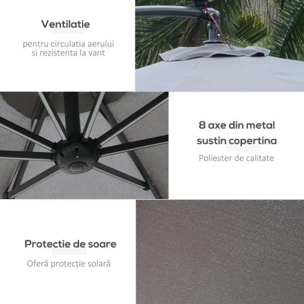 Umbrela gradina/terasa cu panou solar, iluminare LED, articulatie tip banana, manivela, gri, 295 cm