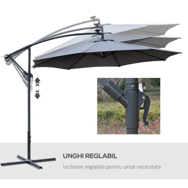 Umbrela gradina/terasa cu panou solar, iluminare LED, articulatie tip banana, manivela, gri, 295 cm