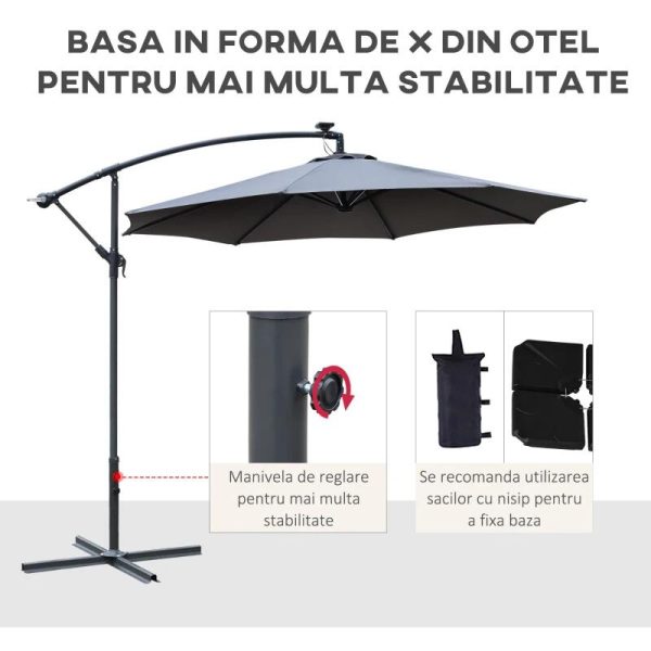 Umbrela gradina/terasa cu panou solar, iluminare LED, articulatie tip banana, manivela, gri, 295 cm