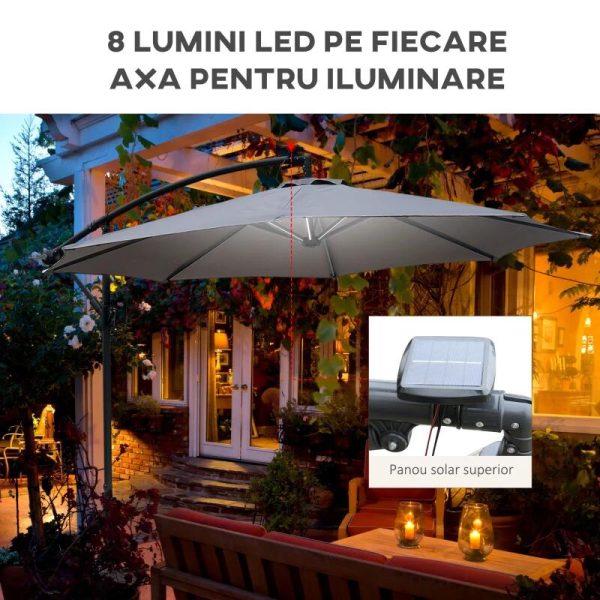 Umbrela gradina/terasa cu panou solar, iluminare LED, articulatie tip banana, manivela, gri, 295 cm
