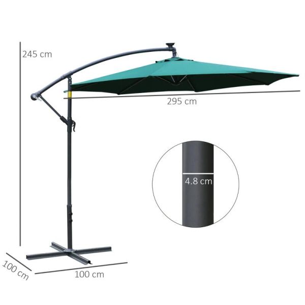 Umbrela gradina/terasa cu panou solar, iluminare LED, articulatie tip banana, manivela, verde, 295 cm
