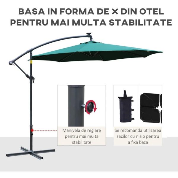 Umbrela gradina/terasa cu panou solar, iluminare LED, articulatie tip banana, manivela, verde, 295 cm