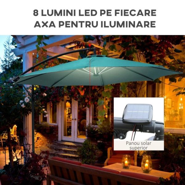 Umbrela gradina/terasa cu panou solar, iluminare LED, articulatie tip banana, manivela, verde, 295 cm