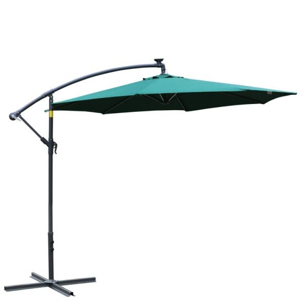 Umbrela gradina/terasa cu panou solar, iluminare LED, articulatie tip banana, manivela, verde, 295 cm