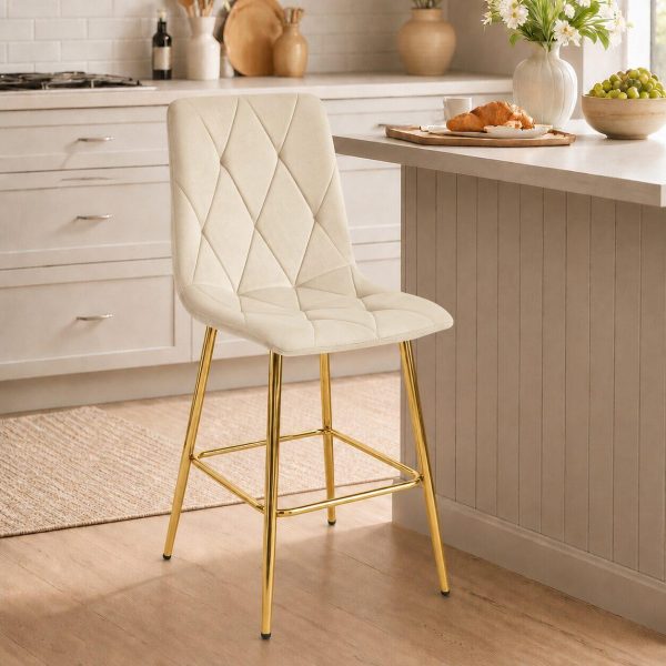 Set 2 scaune de bucatarie/bar, Artool, Libra, catifea bej deschis, picioare metal auriu, 52x56x112 cm