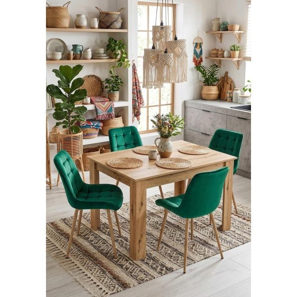 Set 4 scaune bucatarie/living, Artool, Bera, catifea verde, picioare metal natur, 54x60x88 cm