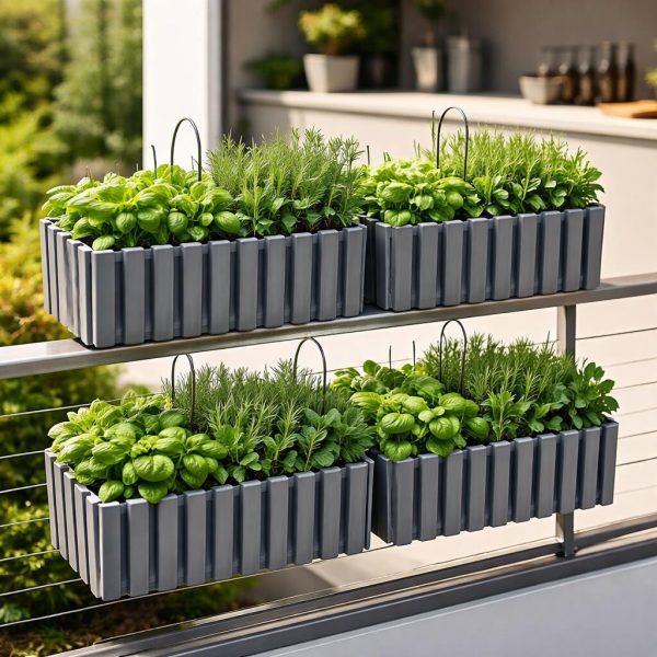 Set 3 jardiniere decorative cu suport metalic, sistem irigare,​​​​​​​ gri, 58x18x16.2 cm, Boardee Fencycase W