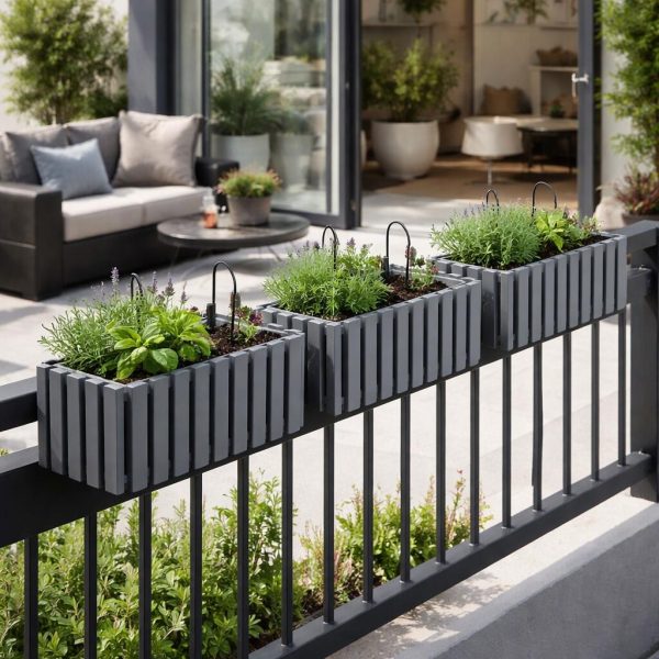 Set 3 jardiniere decorative cu suport metalic, sistem irigare,​​​​​​​ gri, 58x18x16.2 cm, Boardee Fencycase W
