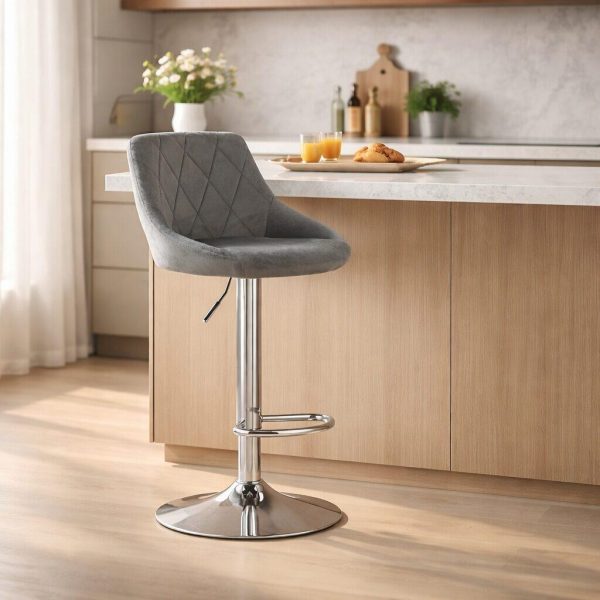 Set 2 scaune de bucatarie/bar, Artool, Kast, rotativ, catifea gri, picior metal argintiu, 45.5x49x85-105 cm