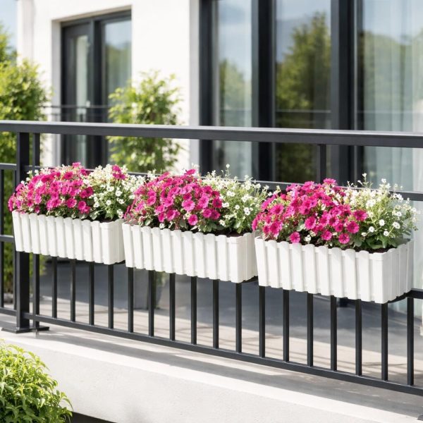 Set 2 Jardiniere decorative cu suport metalic, Boardee Fencycase W, gri, 58x18x16.2 cm