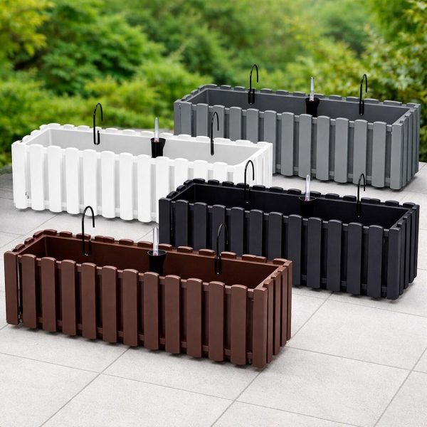 Set 2 Jardiniere decorative cu suport metalic, Boardee Fencycase W, gri, 58x18x16.2 cm