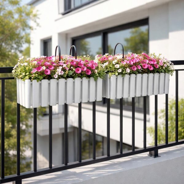 Set 2 Jardiniere decorative cu suport metalic, Boardee Fencycase W, gri, 58x18x16.2 cm