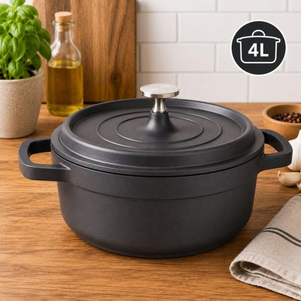 Oala de aluminiu cu capac, negru, 4 L, 25 cm, Verk Group
