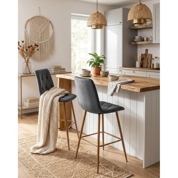 Scaun de bucatarie/bar, Artool, Libra, catifea gri inchis, picioare metal natur, 52x56x112 cm
