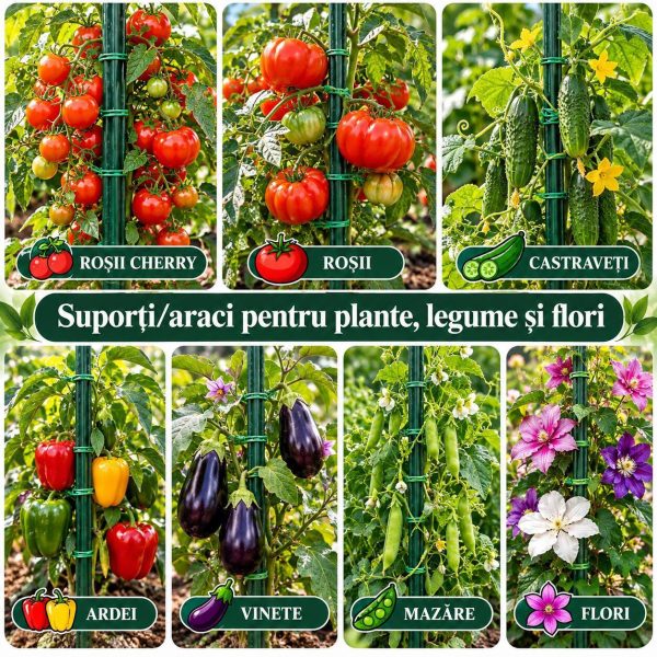 Set 100 araci gradina, suport pentru rosii, flori si plante cataratoare, otel acoperit cu PVC, rezistenti la rugina, verde, 120×2.0 cm, Artool