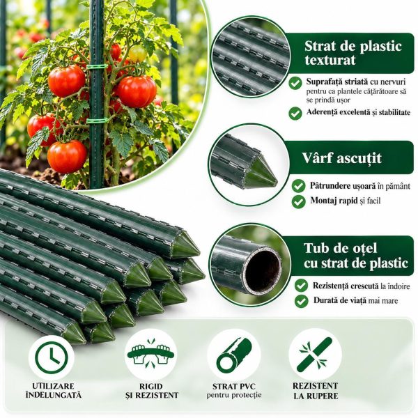 Set 50 araci gradina, suport pentru fasole, mazare, ardei si plante cataratoare, otel acoperit cu PVC, rezistenti la rugina, verde, 180×0.8 cm, Artool
