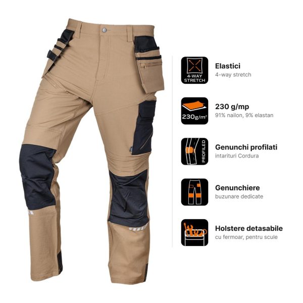 Pantaloni de lucru Mix&Match, elastici, intariri genunchi, bej, marimea L/52, NEO