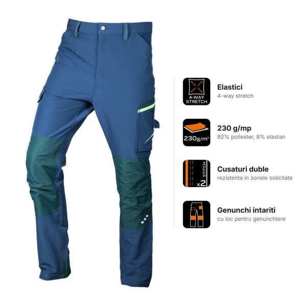 Pantaloni de lucru Mix&Match, elastici, intariri genunchi, bleumarin si verde, marimea L/52, NEO