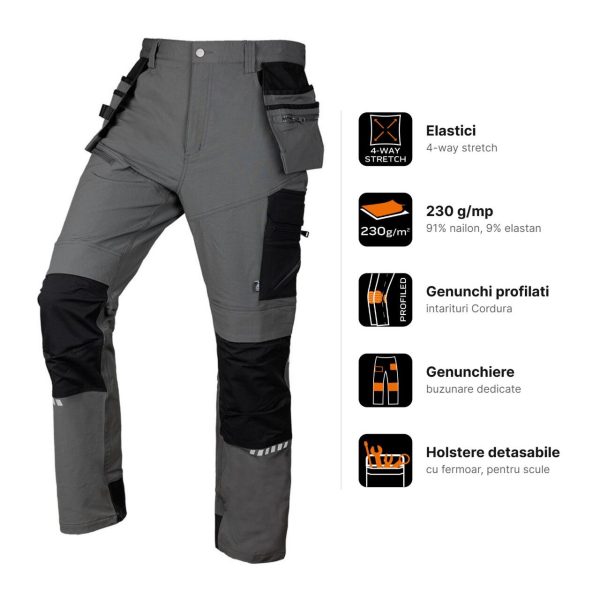 Pantaloni de lucru Mix&Match, elastici, intariri genunchi, gri, marimea L/52, NEO