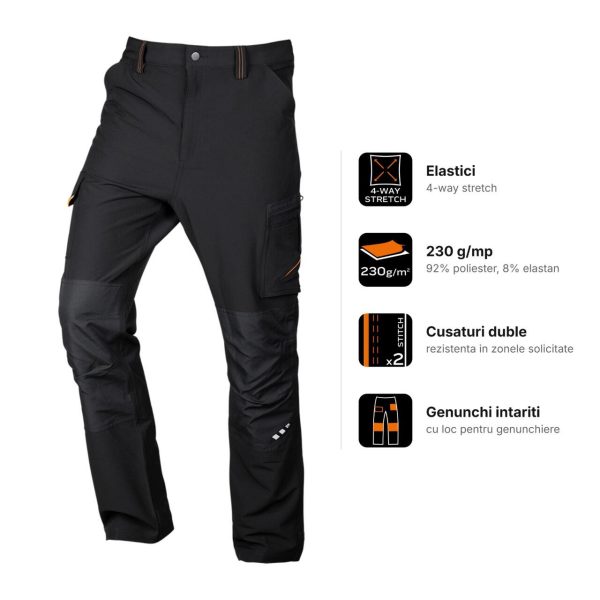 Pantaloni de lucru Mix&Match, elastici, intariri genunchi, negru si portocaliu, marimea S/48, NEO