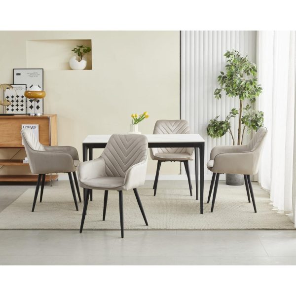Scaun stil fotoliu bucatarie/living, Artool, Nana, catifea bej inchis, picioare metal negru, 54x61x83.5 cm