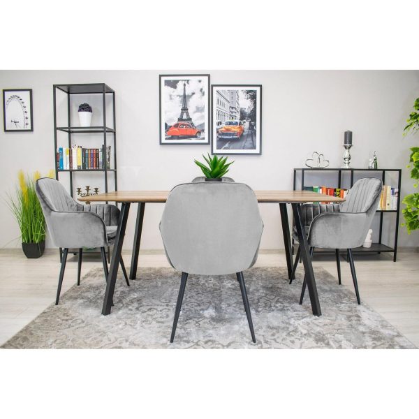 Set 6 scaune tip fotoliu bucatarie/living, Artool, Lugo, catifea argintie, picioare metal negru, 57.5×56.5×86.5 cm