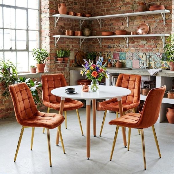 Set 4 scaune bucatarie/living, Artool, Bera, catifea aramie, picioare metal auriu, 53x60x87 cm