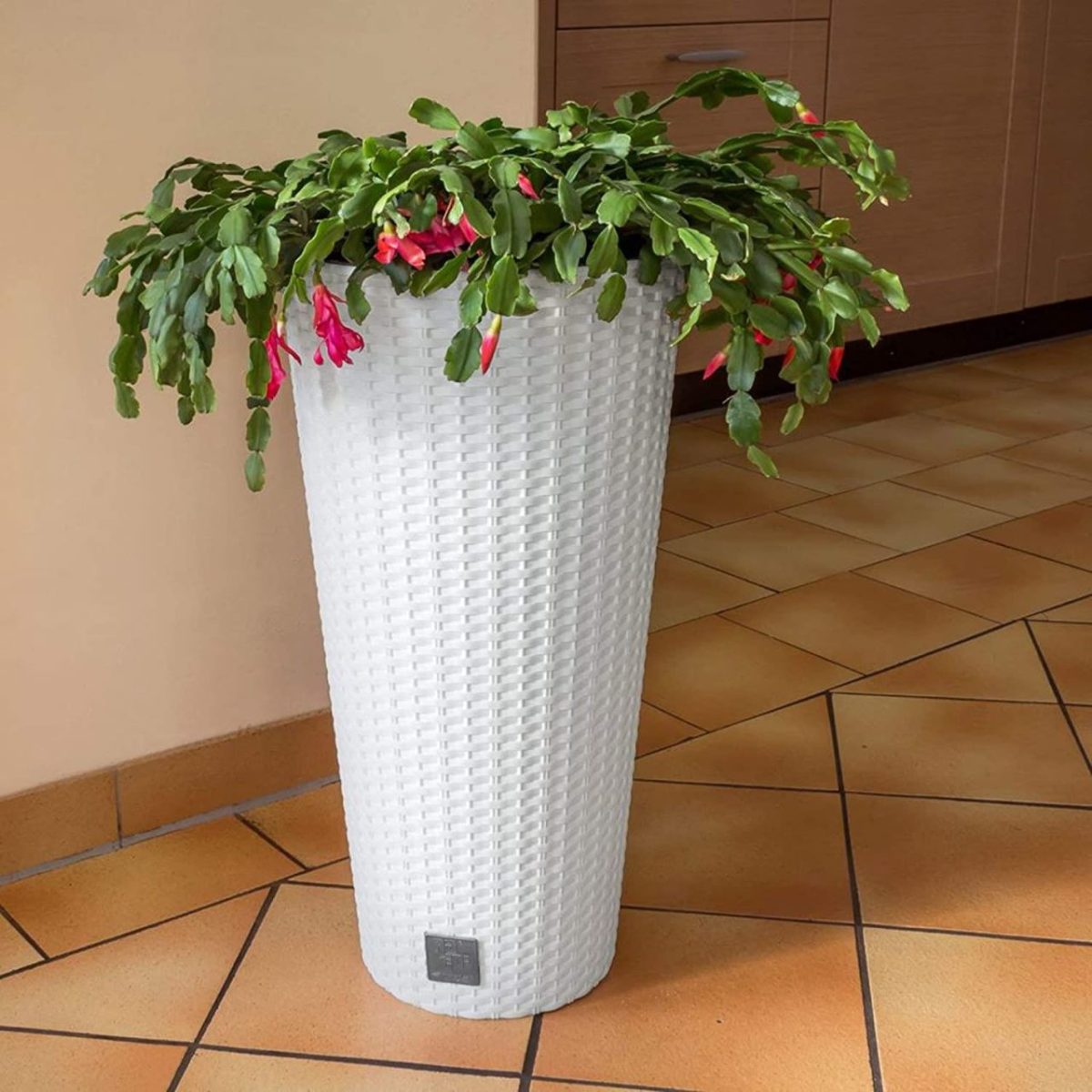 Ghiveci Decorativ De Flori, Rotund Inalt, 25X47.6 Cm, Alb, Imitatie Ratan, Rato