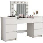 Set masa de toaleta/machiaj Antonia + scaun Mark, alb, cu oglinda si LED-uri, 155x42x135 cm - imagine 12