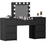 Set masa de toaleta/machiaj Antonia + scaun Mark, negru, cu oglinda si LED-uri, 155x42x135 cm - imagine 12