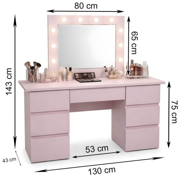 Masa de toaleta/machiaj, Vanessa, roz, cu oglinda si LED-uri, 130x43x143 cm