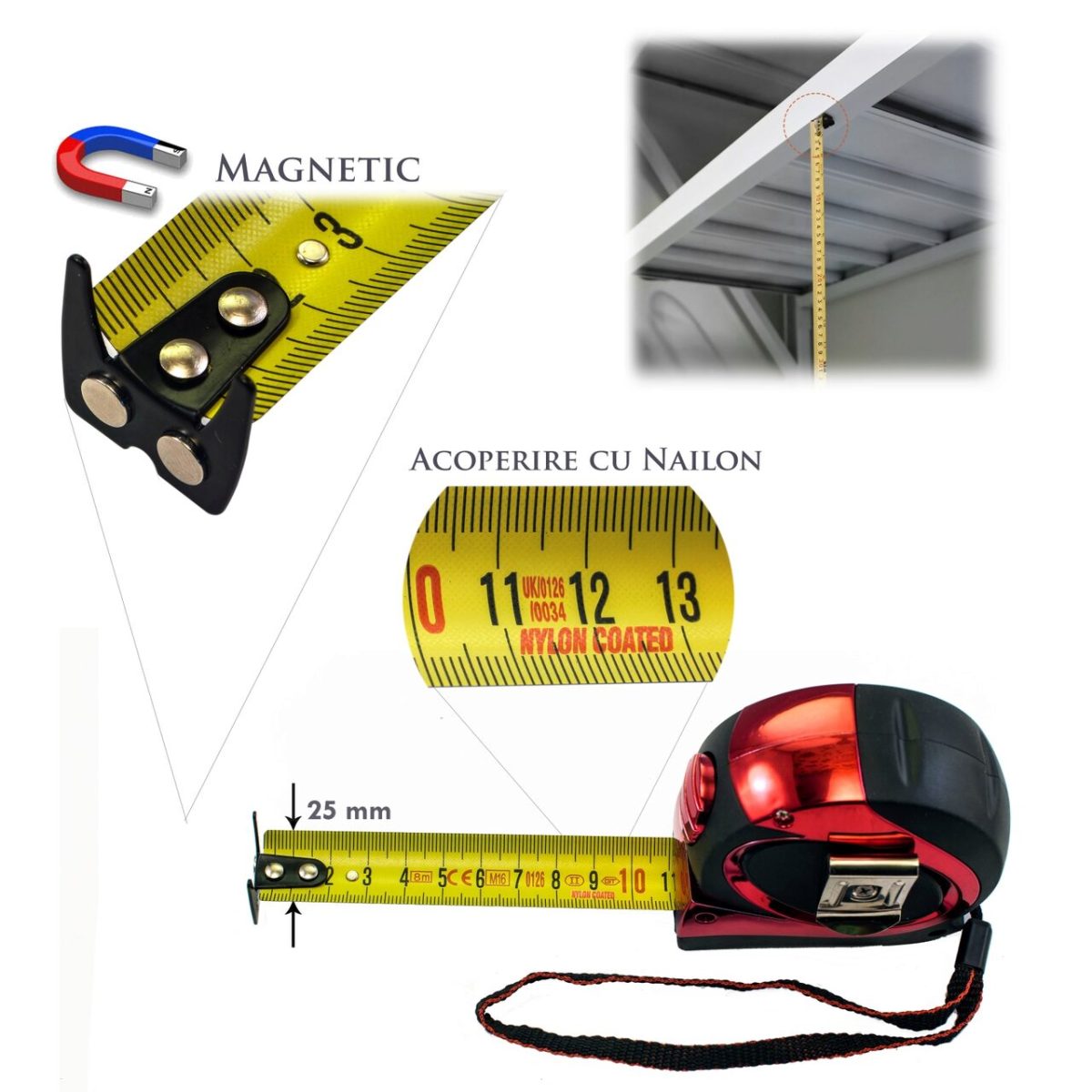 Ruleta Magnetica Cu Marcaj Pe Ambele Parti Si Autoblocare - Latime Banda 25Mm