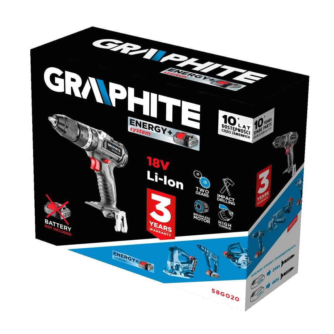 58G020-2_square_v3 Masina de gaurit, insurubat (bormasina), cu percutie, cu 2 acumulatori 2 Ah, incarcator, 18 V Li-ion, geanta plastic, fara perii, mandrina 2-13 mm, Graphite Energy