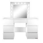 Set masa de toaleta/machiaj Vanessa + scaun Mark, alb, cu oglinda si LED-uri, 130x43x143 cm - imagine 11