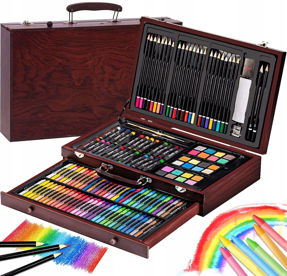 76dda6fc5d81ecc36791b5ad3a6573e6-1-1000x961-2-2.jpg Set 142 piese pentru pictura, pentru copii sau adulti, pixuri de colorat, creioane colorate si vopsele de pictura, cu geanta de transport din LEMN MASIV, model AVX-WT-INGRES142 - imagine 1