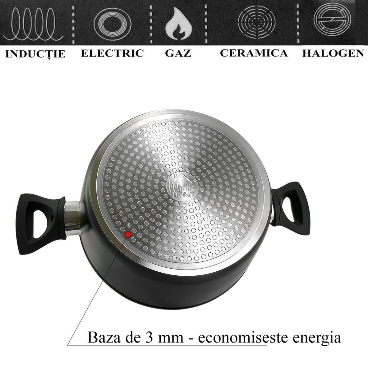 Oala Cu Capac Sticla Yena, 20 Cm, 2.2 L, Antiaderenta, Black Line, Magic Home