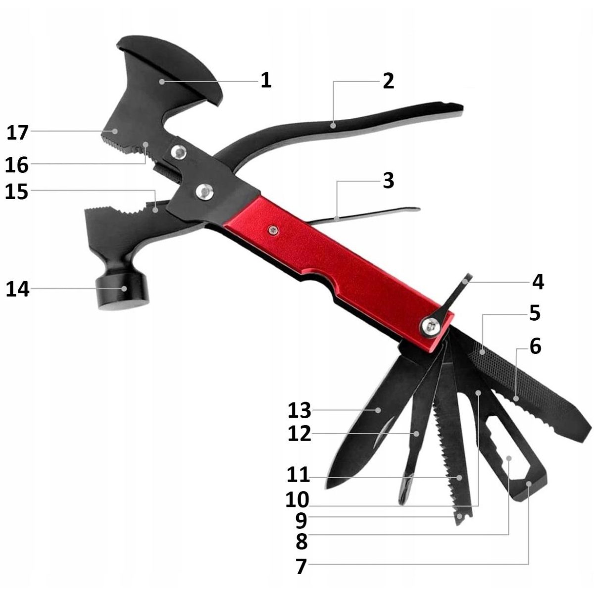 Unealta De Supravietuire 17-In-1, Model &Quot;Red Axe Multi-Tool&Quot; Pentru Camping, Calatorii, Offroad, Atv, Ssv, Model Avx-Wt-Mt-Pro-5