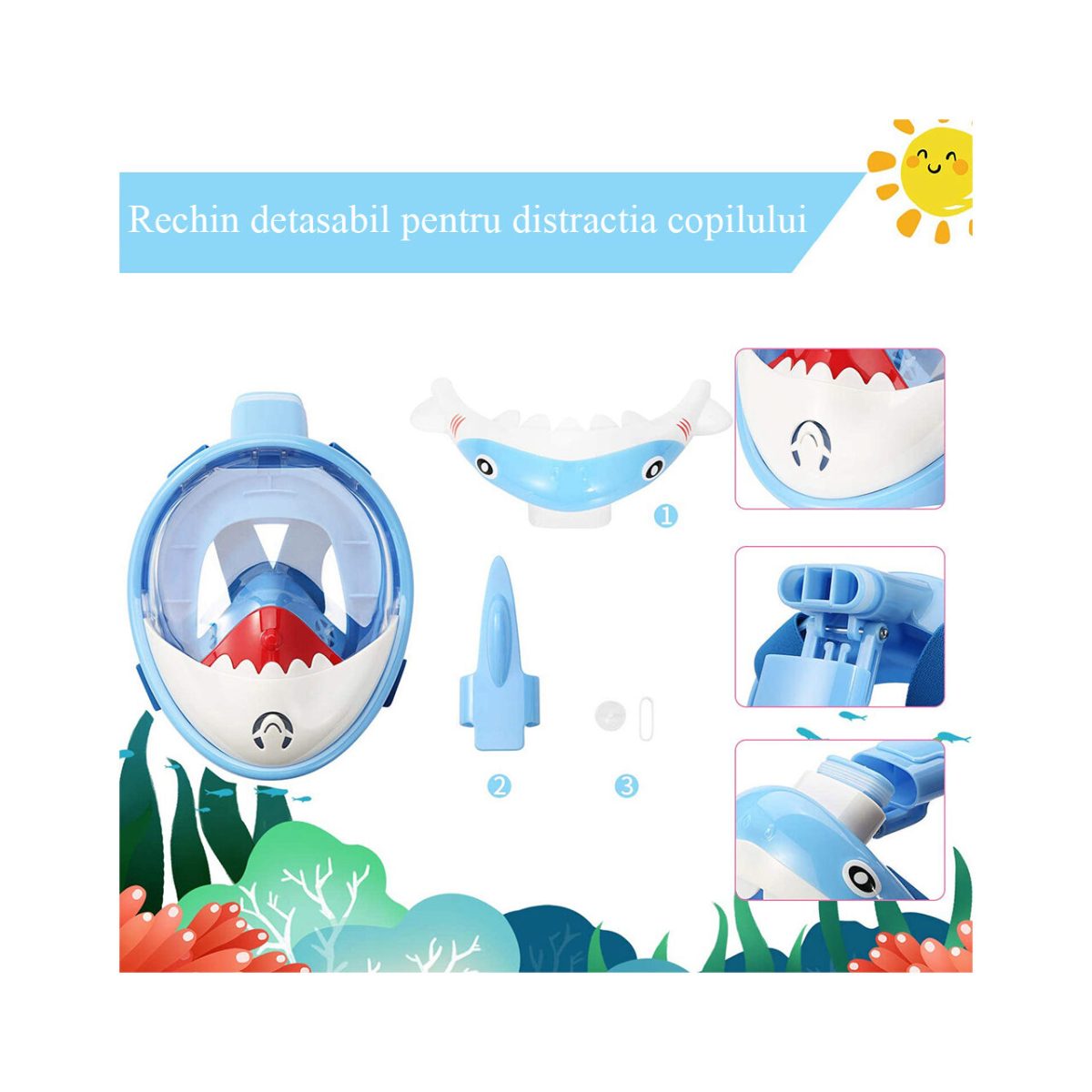 Masca Snorkeling Cu Tub Pentru Copii Model Rechin, Albastra