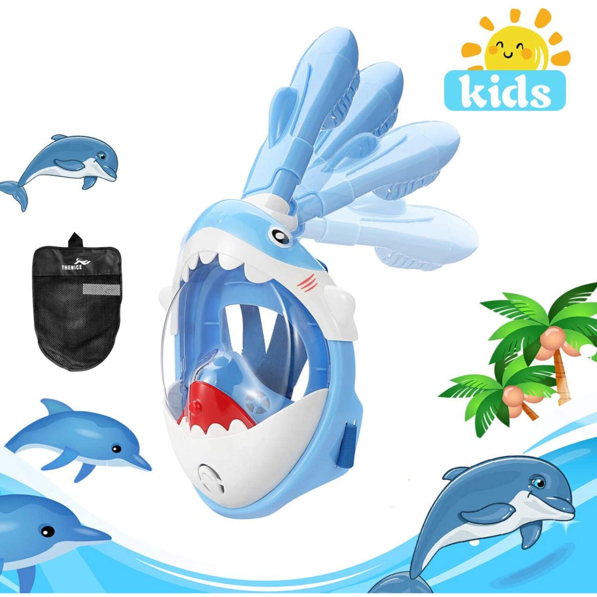 Masca Snorkeling Cu Tub Pentru Copii Model Rechin, Albastra