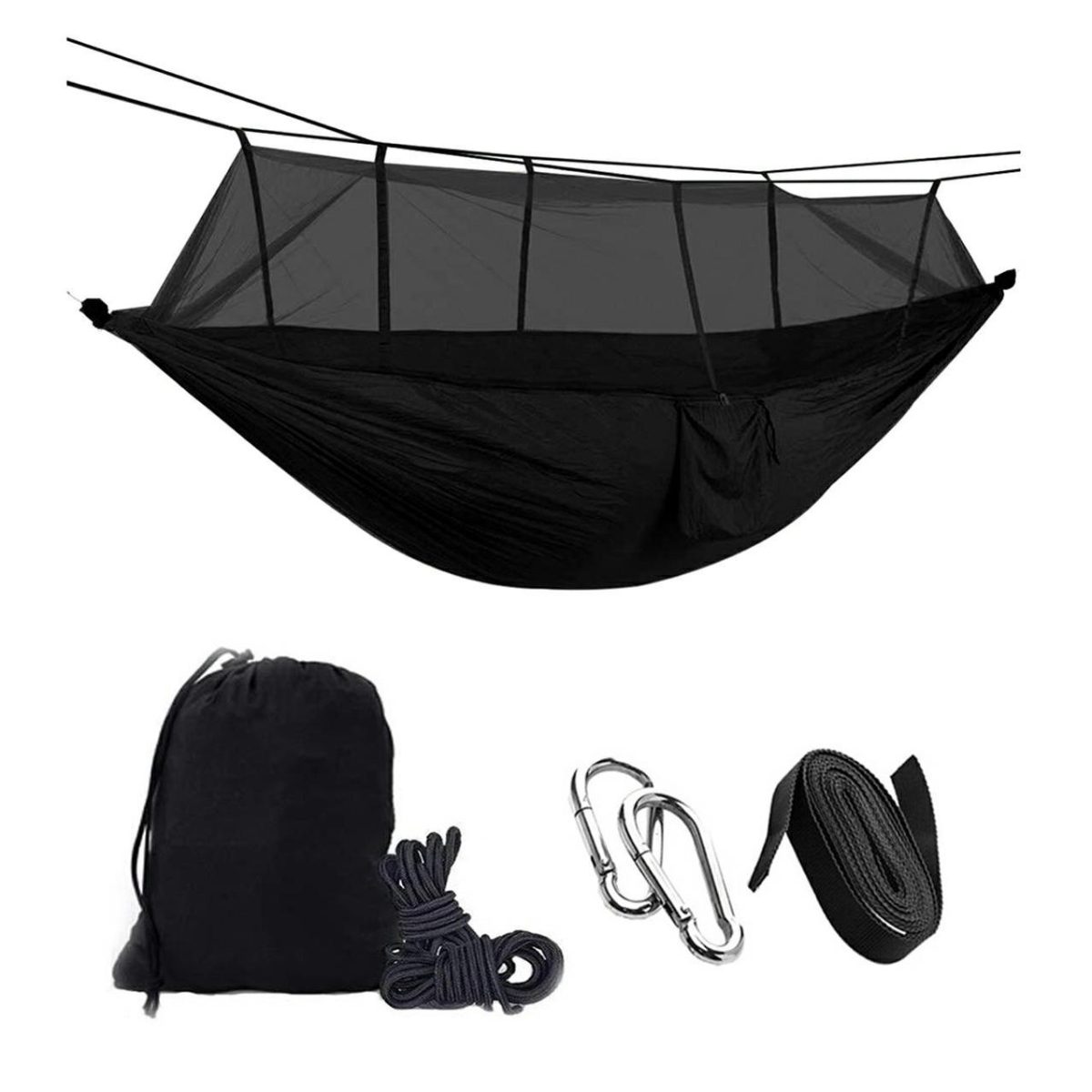Hamac Turistic Din Nylon Cu Plasa De Tantari, Culoare Neagra, Dimensiuni 260 Cm X 140 Cm