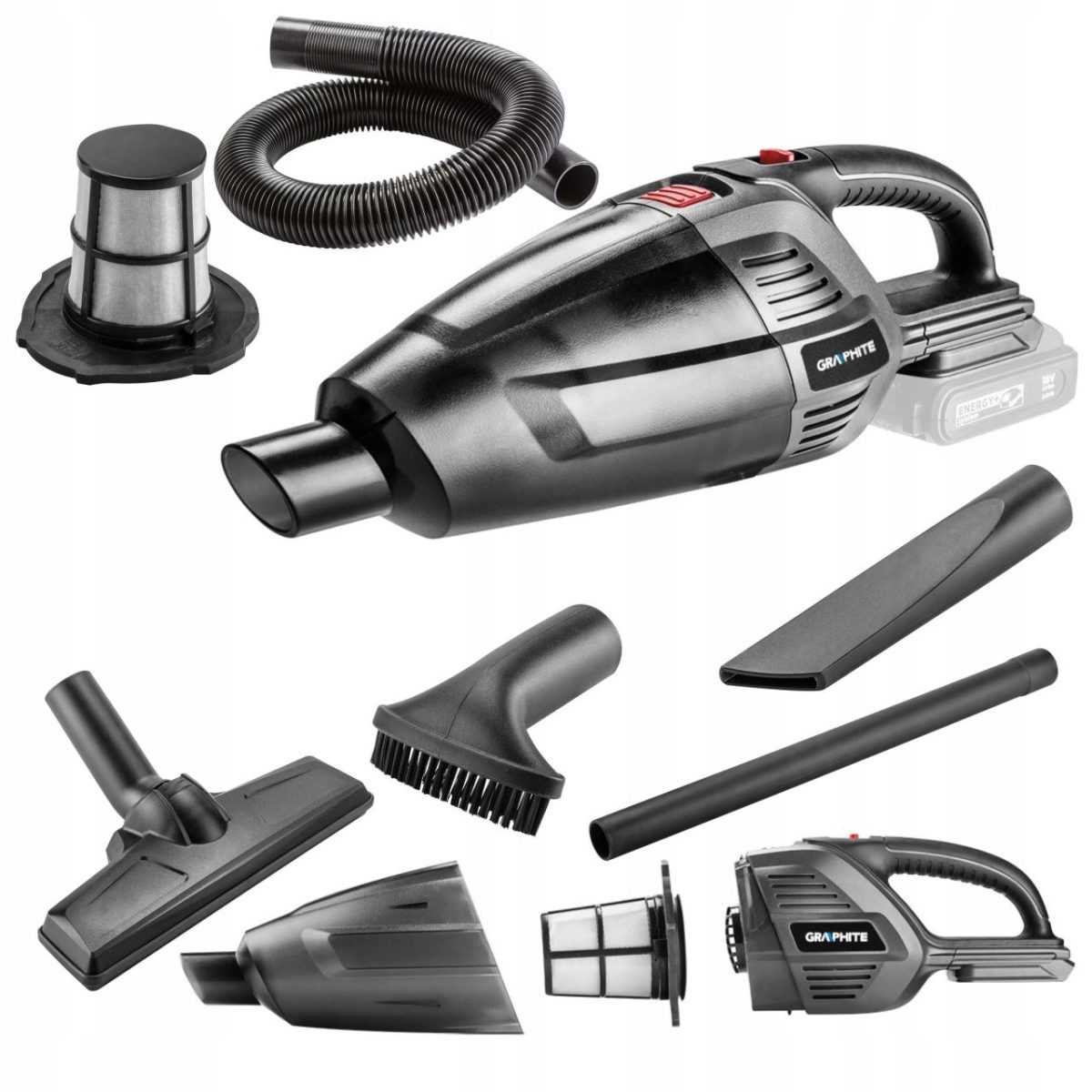 Aspirator Portabil, 2 In 1, 18V Li-Ion (Acumulator Neinclus), Cu Accesorii, Filtru Hepa, Graphite Energy