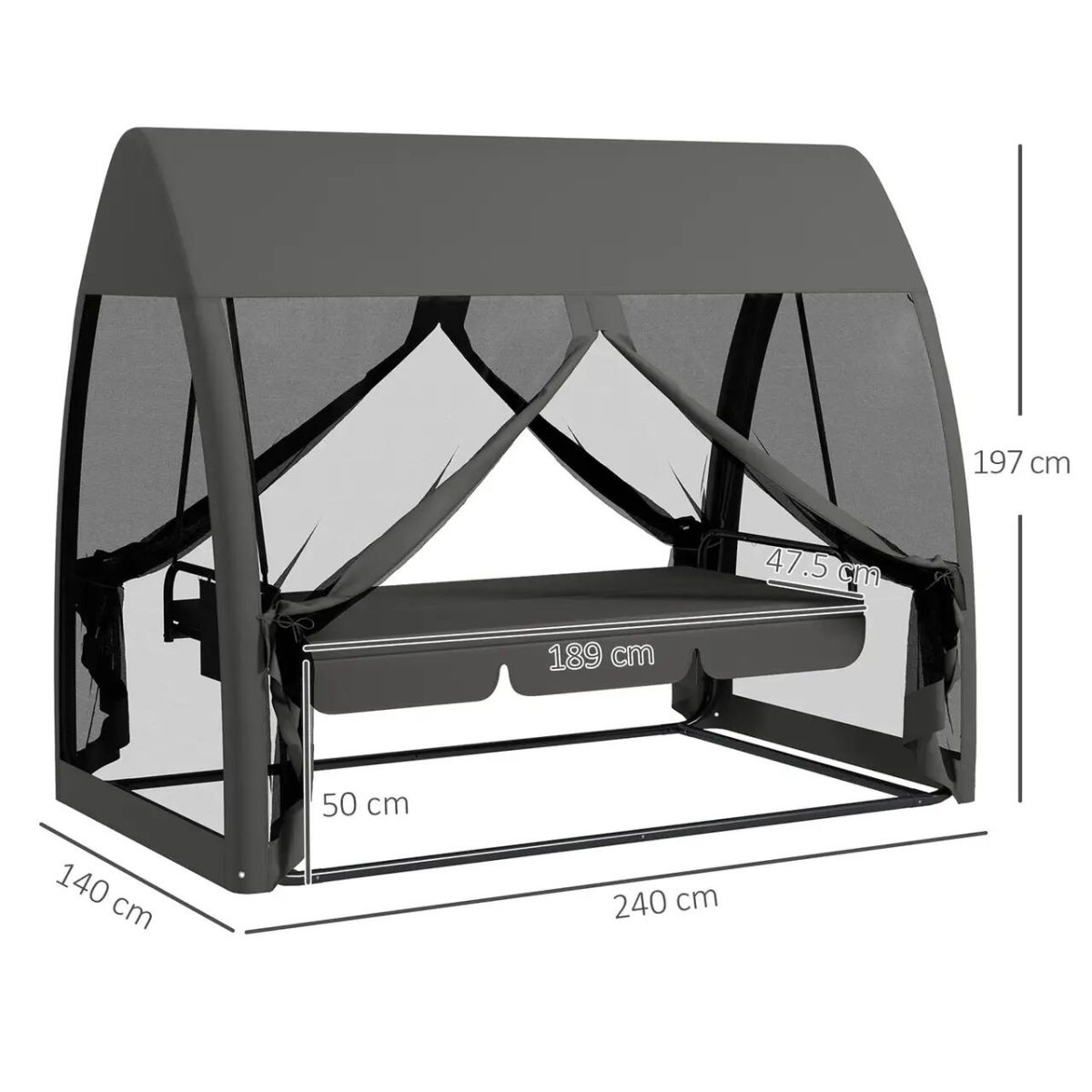 Balansoar Gradina, 3 Locuri, Cu Plasa Insecte, Gri Inchis, 240X140X197 Cm, Functie Pat, Max 300 Kg, Monte Carlo