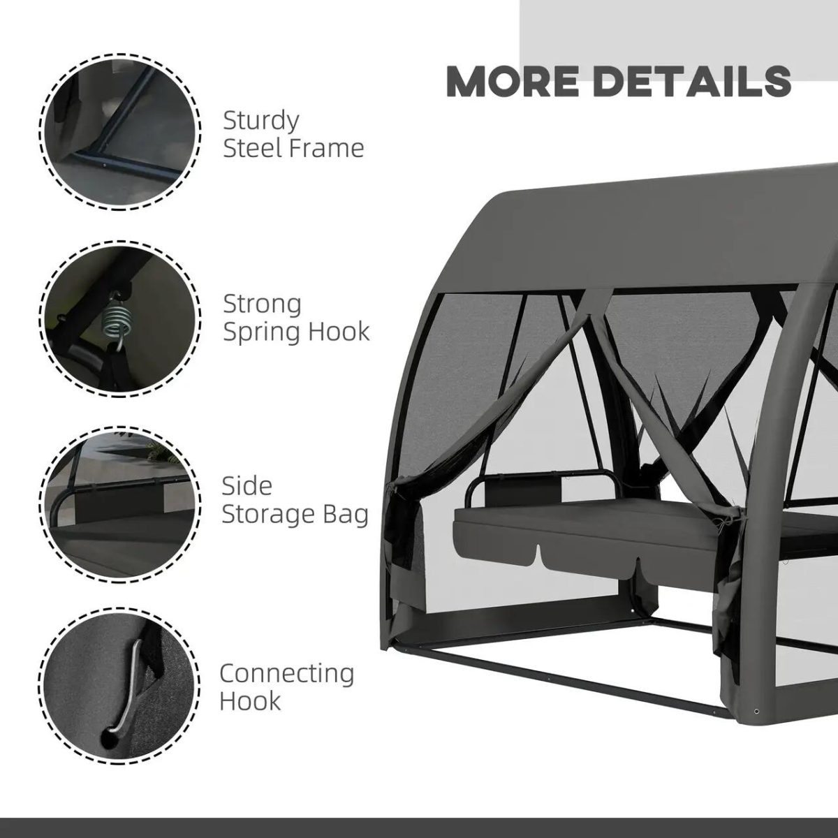 Balansoar Gradina, 3 Locuri, Cu Plasa Insecte, Gri Inchis, 240X140X197 Cm, Functie Pat, Max 300 Kg, Monte Carlo