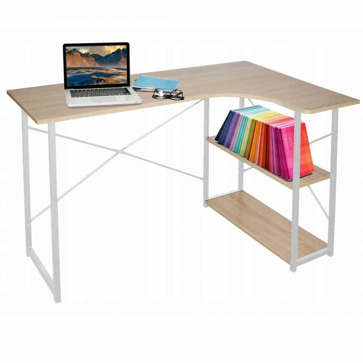 Birou Calculator Pe Colt, Jumi, Pal Melaminat, Otel, 2 Rafturi, Natur Si Alb, 120X74X74 Cm