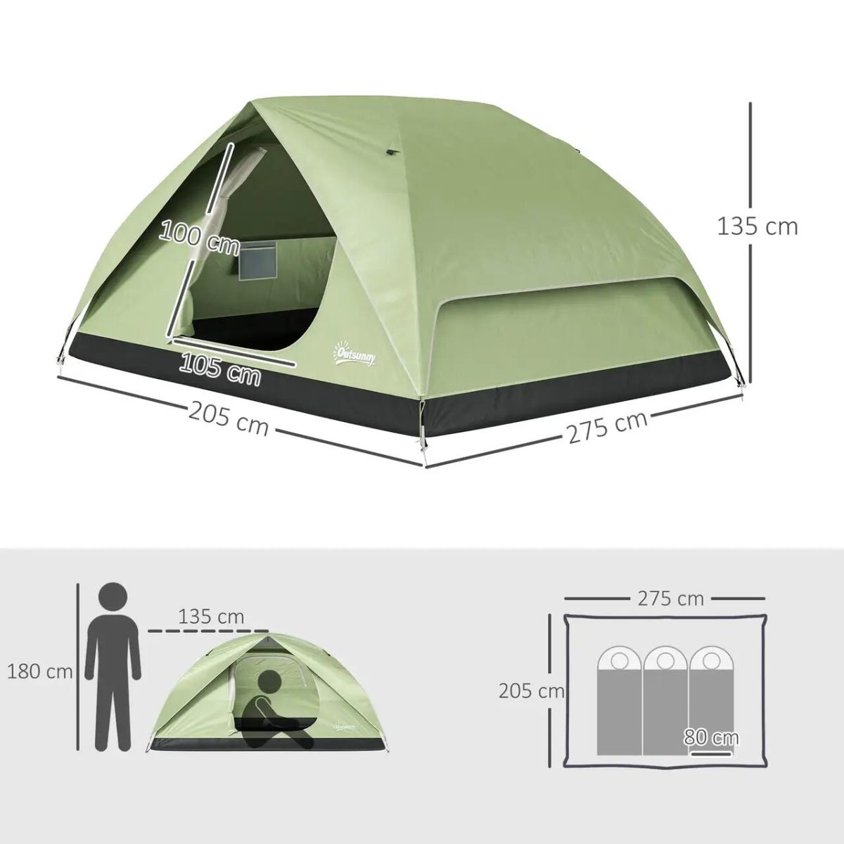 Cort Camping, 2-3 Persoane, Impermeabil, Cu Geanta, Verde, 205X275X135 Cm